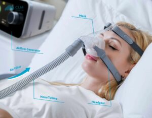 girl sleeping on bed using cpap machine